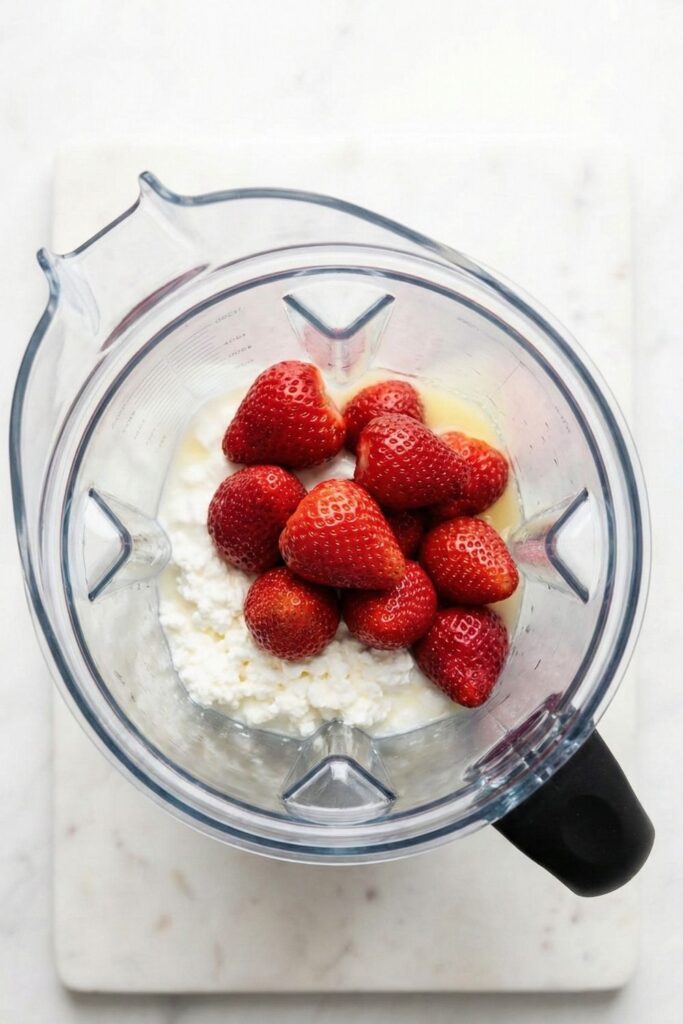 Top-down view of whole fresh strawberries sitting on top of cottage cheese and Greek yogurt in a high-speed blender.