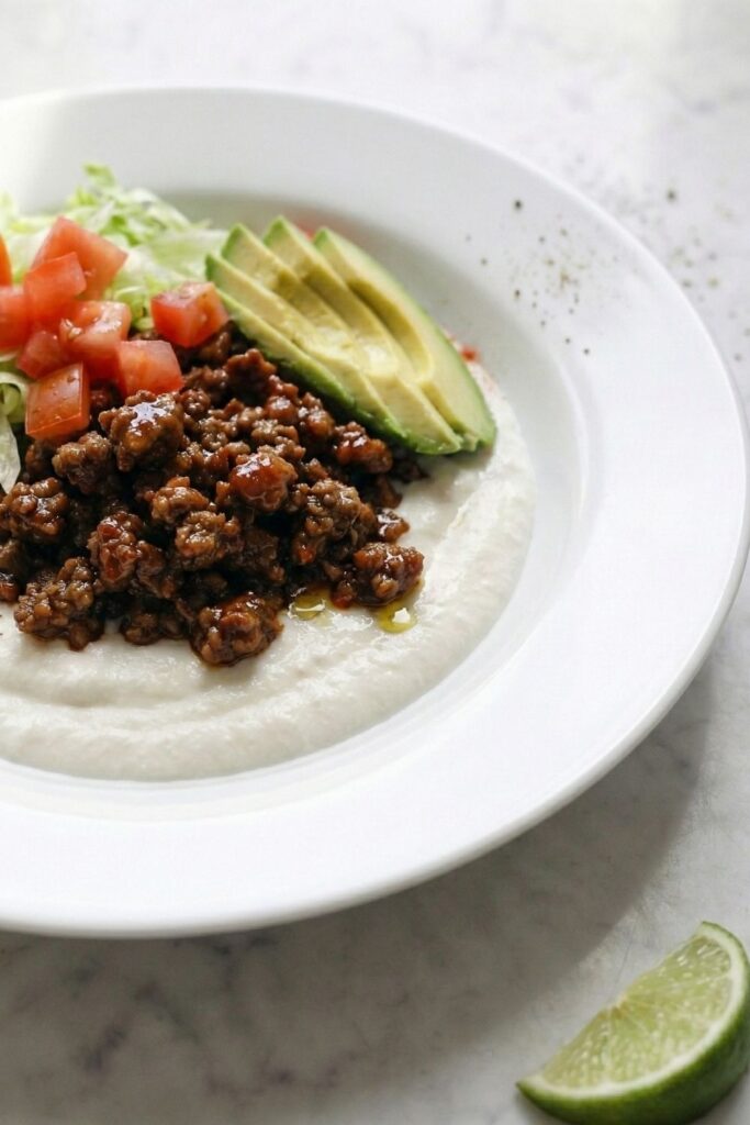 45-degree angle macro shot focusing on the boundary where juicy taco meat meets the cool, creamy whipped cottage cheese base.