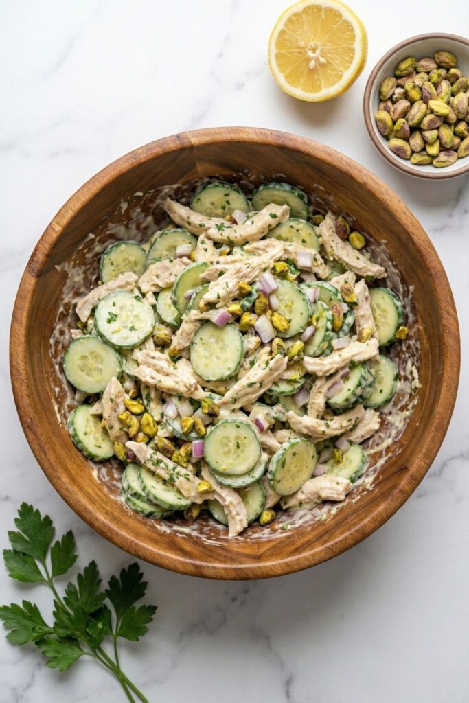 Close-up macro shot showing thick Greek yogurt and mayonnaise dressing clinging to the skin of 6 sliced cucumbers and crevices of 2 cups diced chicken, with visible specks of black pepper and lemon zest.
