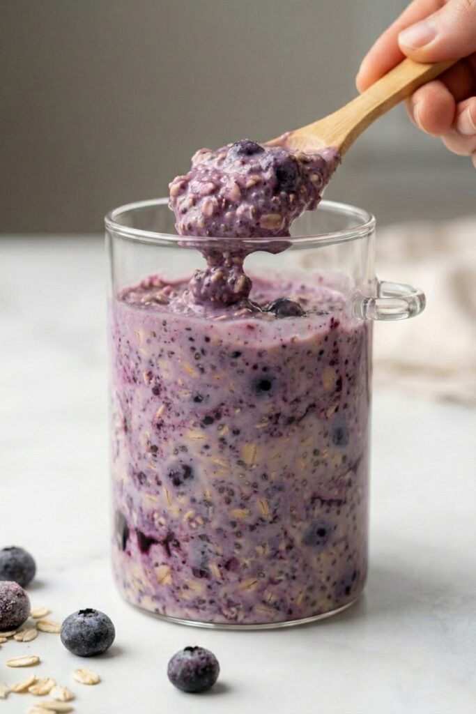 A wooden spoon lifting a thick, creamy scoop of purple blueberry oats, showing the perfect gelled texture.