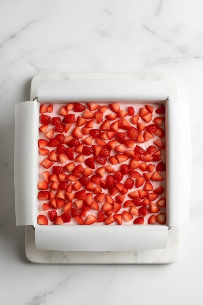 Overhead view of the 8x8 pan with fresh diced strawberries pressed into the surface of the wet batter.