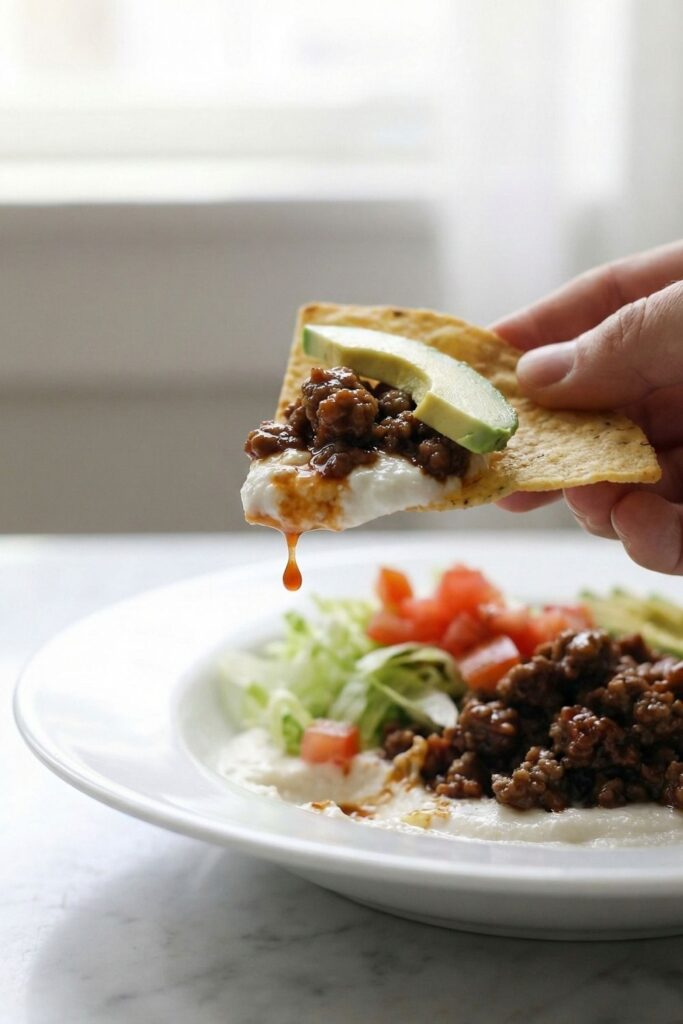 Eye-level action shot of a hand holding a tortilla chip loaded with taco dip, meat, and avocado, with a drop of salsa dripping to show juiciness.