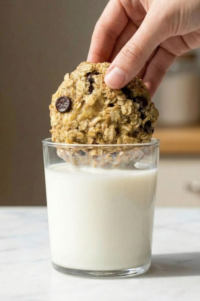 Eye-level shot of a baked 3-ingredient banana oatmeal cookie being dunked into a glass of milk, demonstrating the strong structural binding of the mashed banana and oat starches without crumbling.