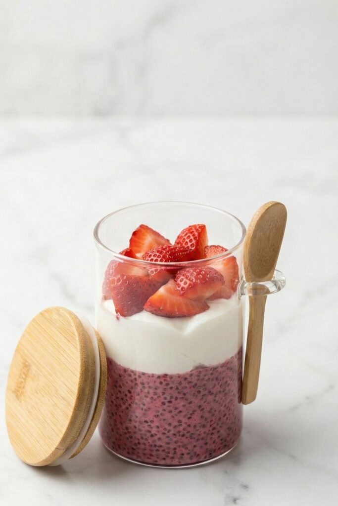 A 16oz glass jar filled with layered pink raspberry chia pudding and white yogurt, topped with fresh cut strawberries and a bamboo lid, sitting on a white marble surface.