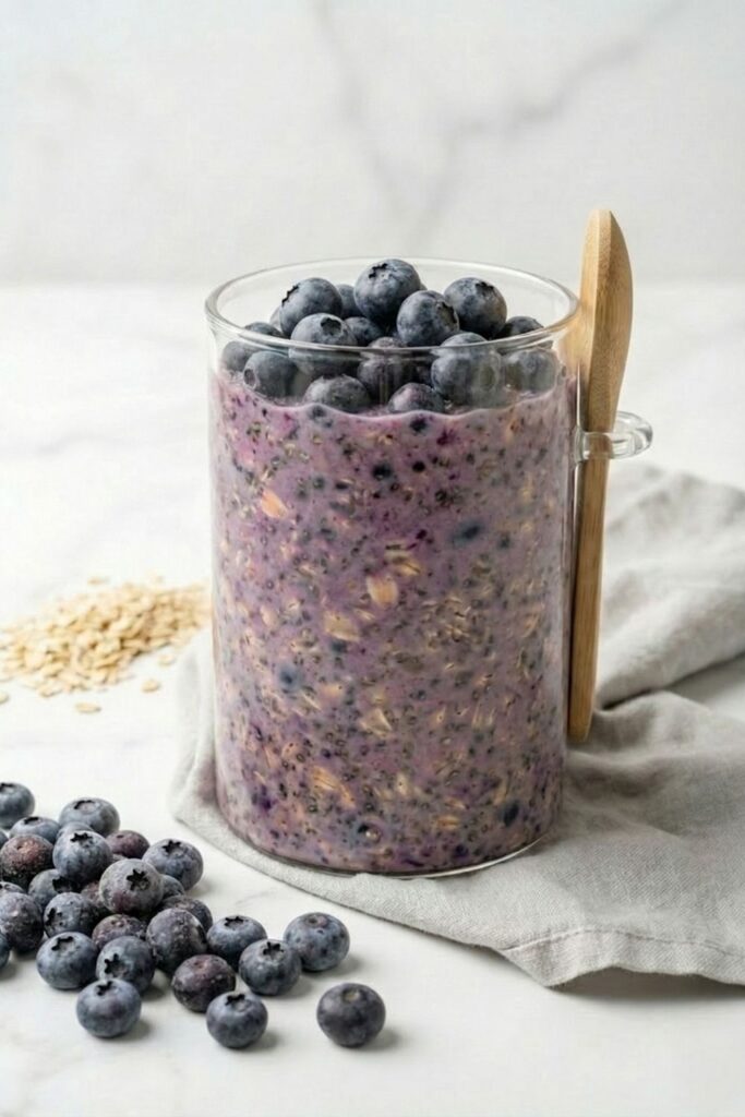 Overnight oats in 16oz borosilicate glass jar showing purple blueberry anthocyanin layer and white yogurt cap for anti-inflammatory breakfast.