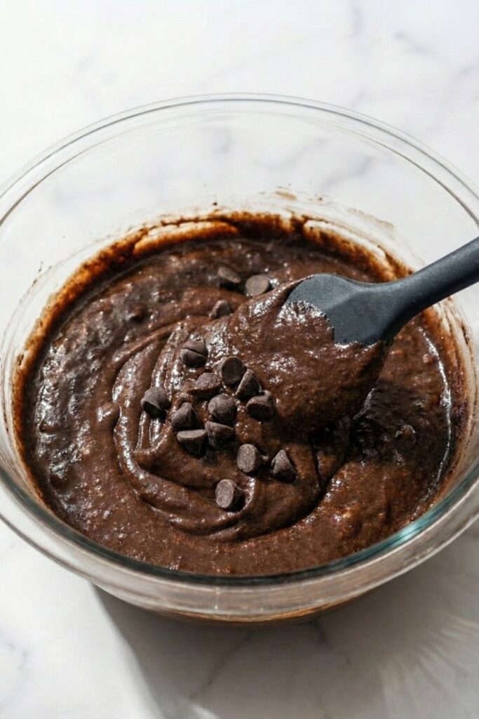 Folding 1/2 cup of semi-sweet chocolate chips evenly into the thick, dark chocolate banana brownie batter using a silicone spatula.