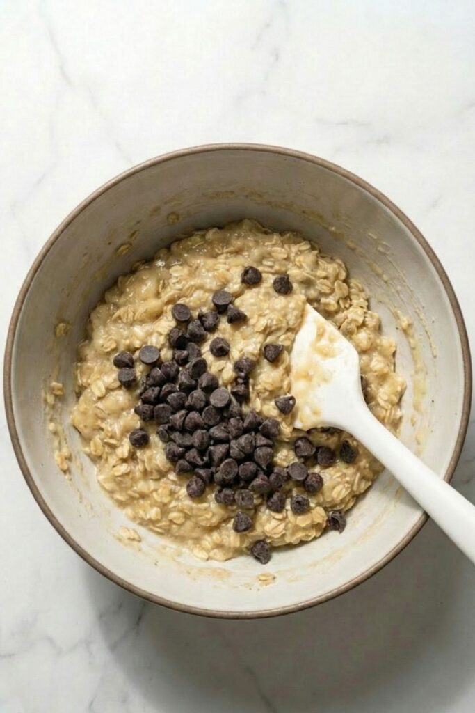 A rubber spatula folding exactly ⅓ cup of semi-sweet chocolate chips into the wet banana and oatmeal cookie dough on a white marble countertop.