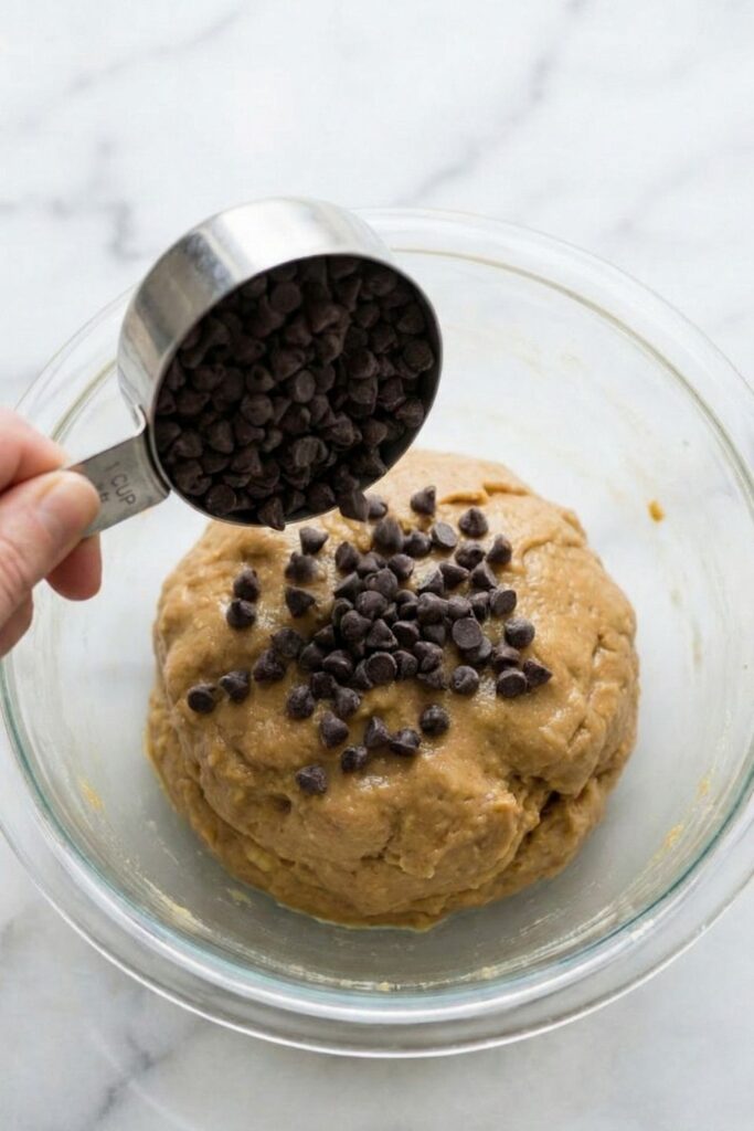 Pouring 1 cup of mini chocolate chips into the thick peanut butter and banana protein dough mixture.