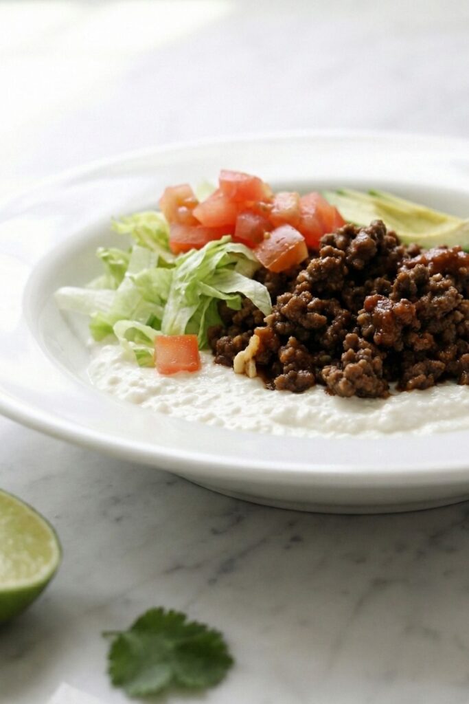 Side profile shot of a shallow pasta bowl piled high with taco dip ingredients, highlighting the volume and layers of the high protein snack.