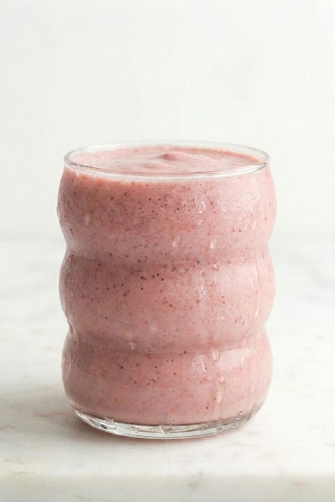 Close-up 45-degree angle of a pink high-protein smoothie in a bubble glass, featuring cold condensation droplets on the outside to indicate temperature.