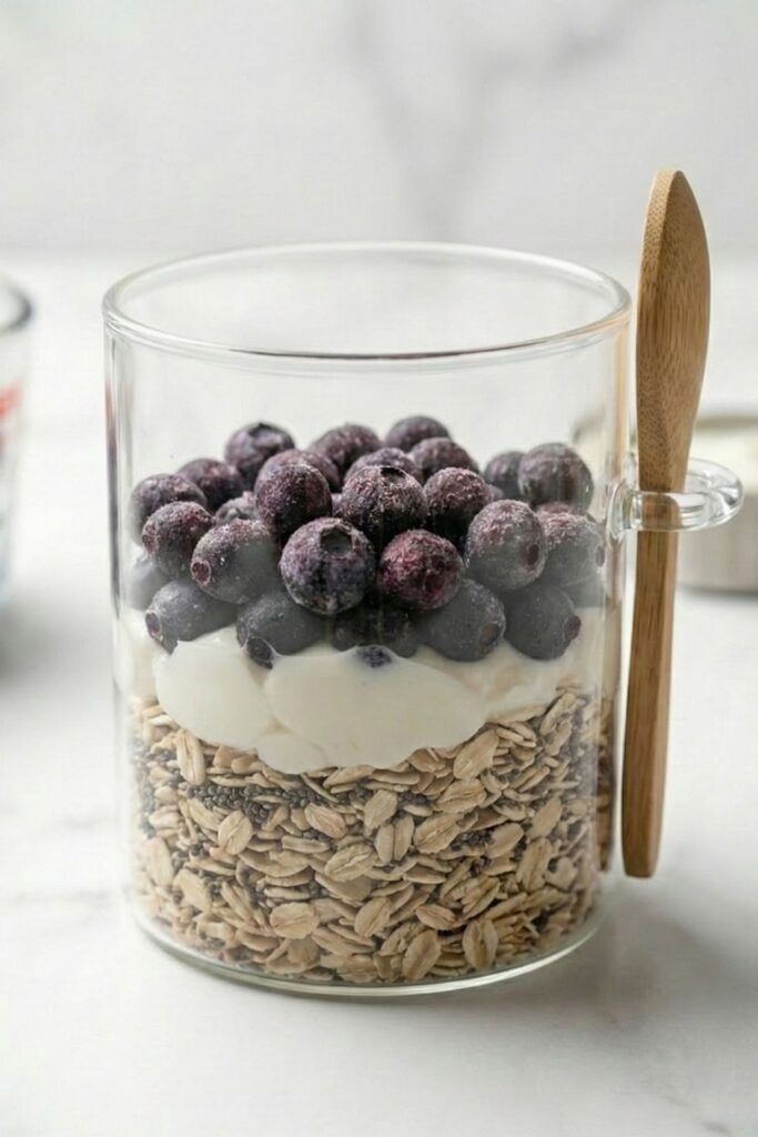 Glass jar filled with oats, a dollop of vanilla yogurt, and 1 cup of frozen blueberries before mixing.