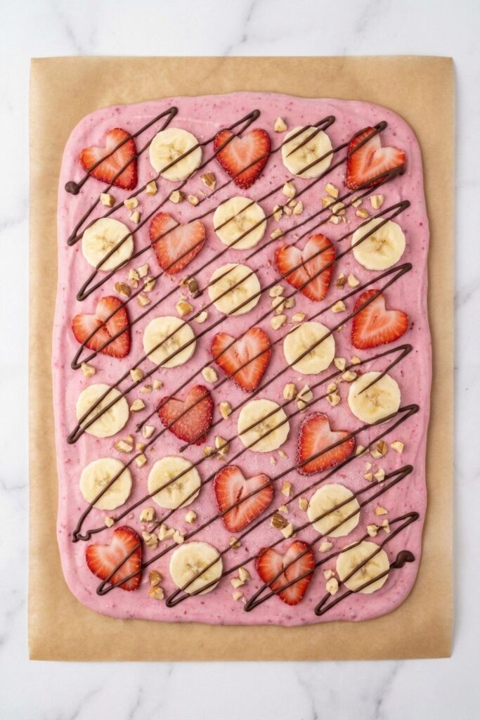 Full overhead shot of the completely frozen raspberry yogurt bark slab on parchment paper, showing the frost on the fruit and the solid texture before breaking.