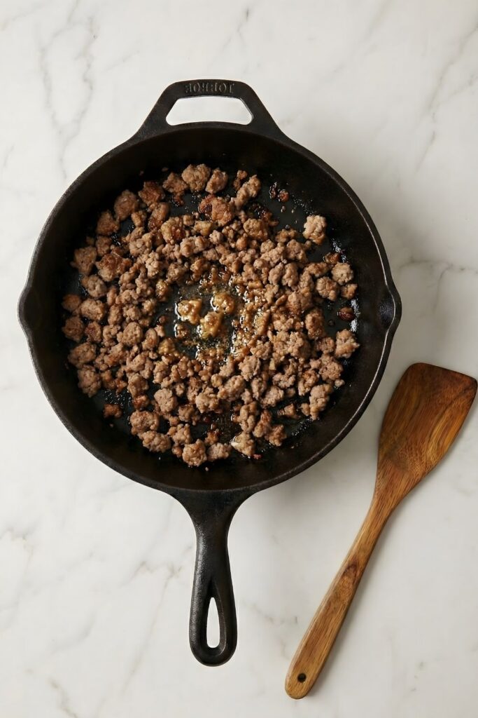 Browned ground turkey broken into uniform crumbles in a cast iron skillet, showing a dry pan texture without excess moisture.