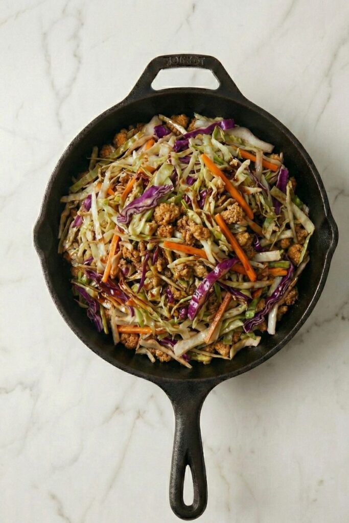 Close-up overhead shot of cooked egg roll in a bowl filling, showing glossy purple and green cabbage, bright orange carrots, and browned turkey evenly coated in sauce.