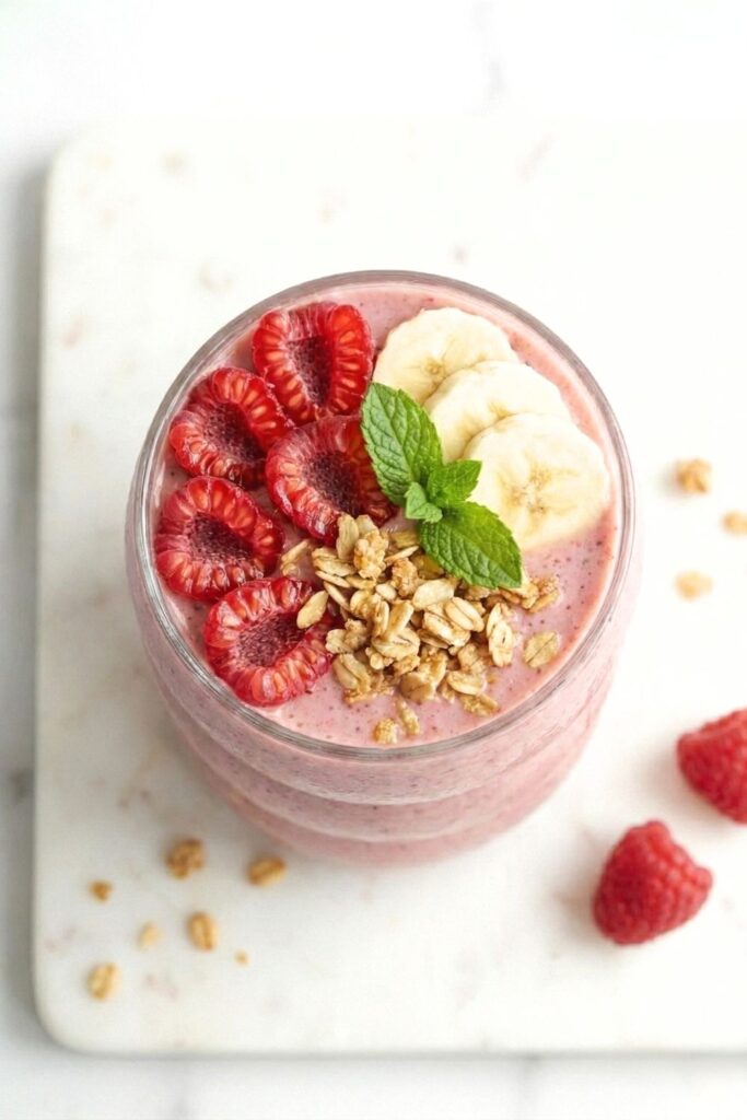 Macro top-down view of a pink smoothie garnished with fresh raspberries, granola, banana slices, and a mint sprig, showing texture and color contrast.