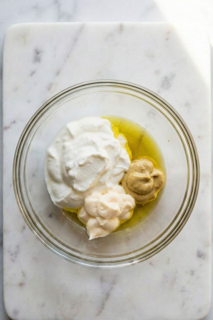 A small mixing bowl containing exactly 1/2 cup Greek yogurt, 2 to 3 tablespoons mayonnaise, 1 tablespoon Dijon mustard, and 1/2 tablespoon olive oil before mixing.