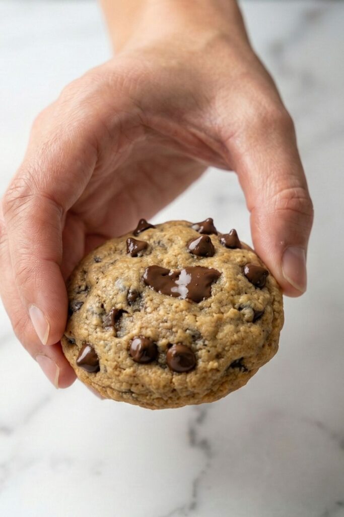 First-person perspective of a hand holding a large, soft-baked protein cookie to demonstrate serving size and thickness.