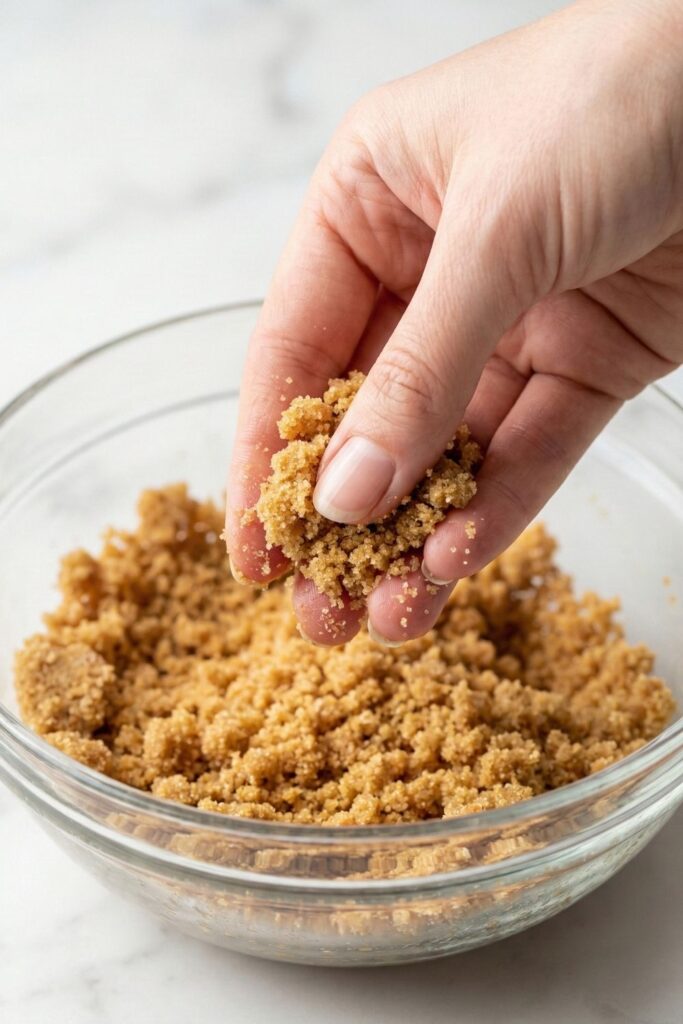 Macro shot of crust crumbs holding together in a pinch, resembling light brown sugar.