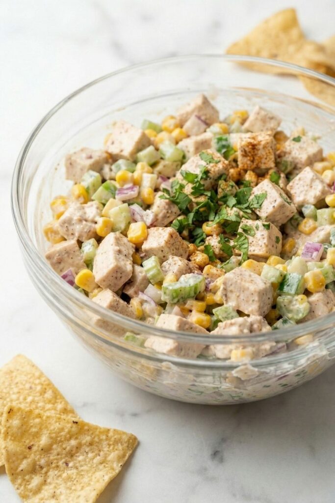 Overhead shot of High-Protein Spicy Chicken Salad in a glass meal prep container, showing creamy Greek yogurt binder, diced celery, and corn.