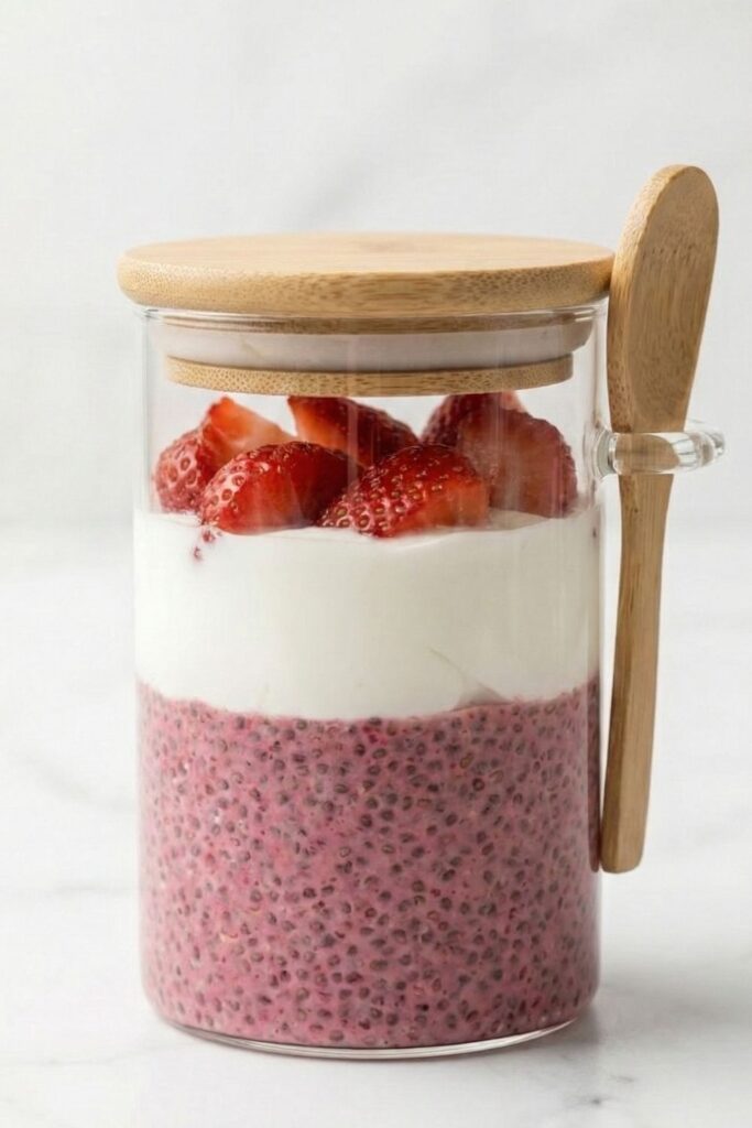 A 16oz glass jar filled with layered pink raspberry chia pudding and white yogurt, topped with fresh cut strawberries and a bamboo lid, sitting on a white marble surface.