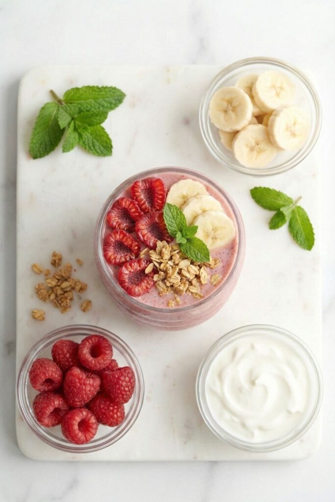 Organized flat lay showing a finished smoothie in the center surrounded by small bowls of its raw ingredients: raspberries, banana slices, and yogurt.