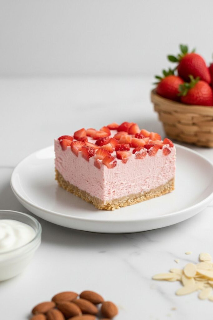 Finished cheesecake bar plated next to raw ingredients: Greek yogurt bowl, almonds, and fresh strawberries.