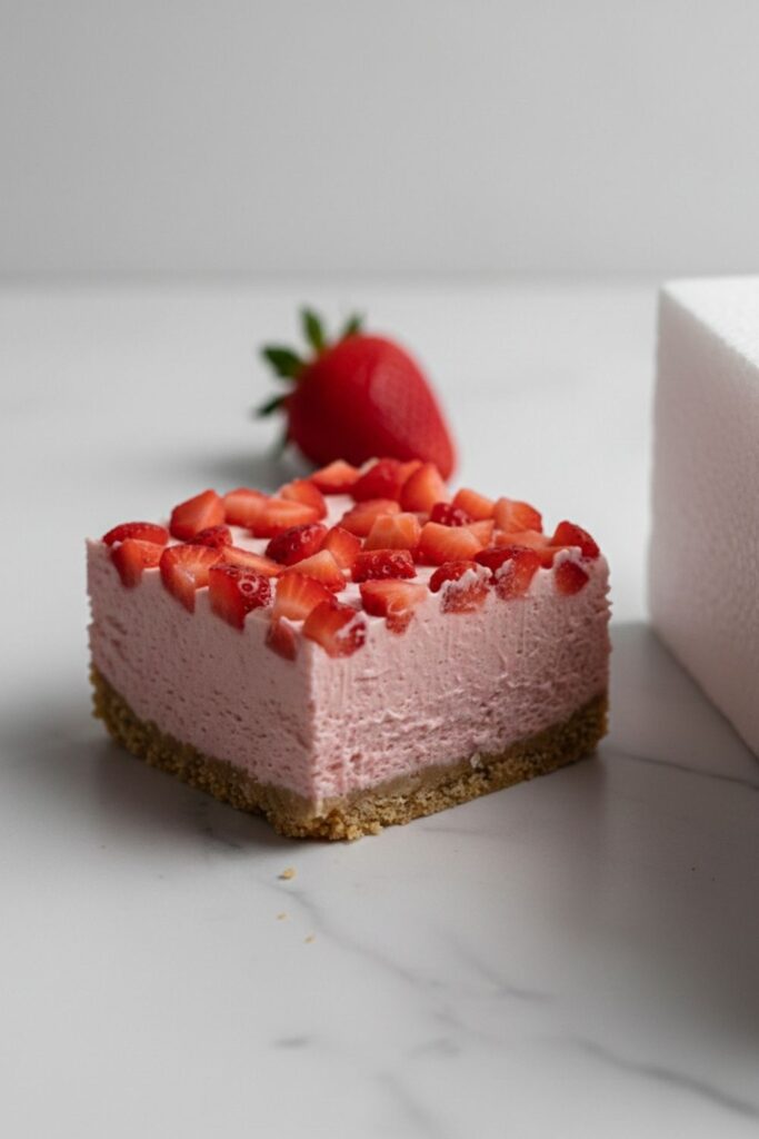 Artistic angle of a single cheesecake bar with hard shadow contrast and a strawberry in the background.