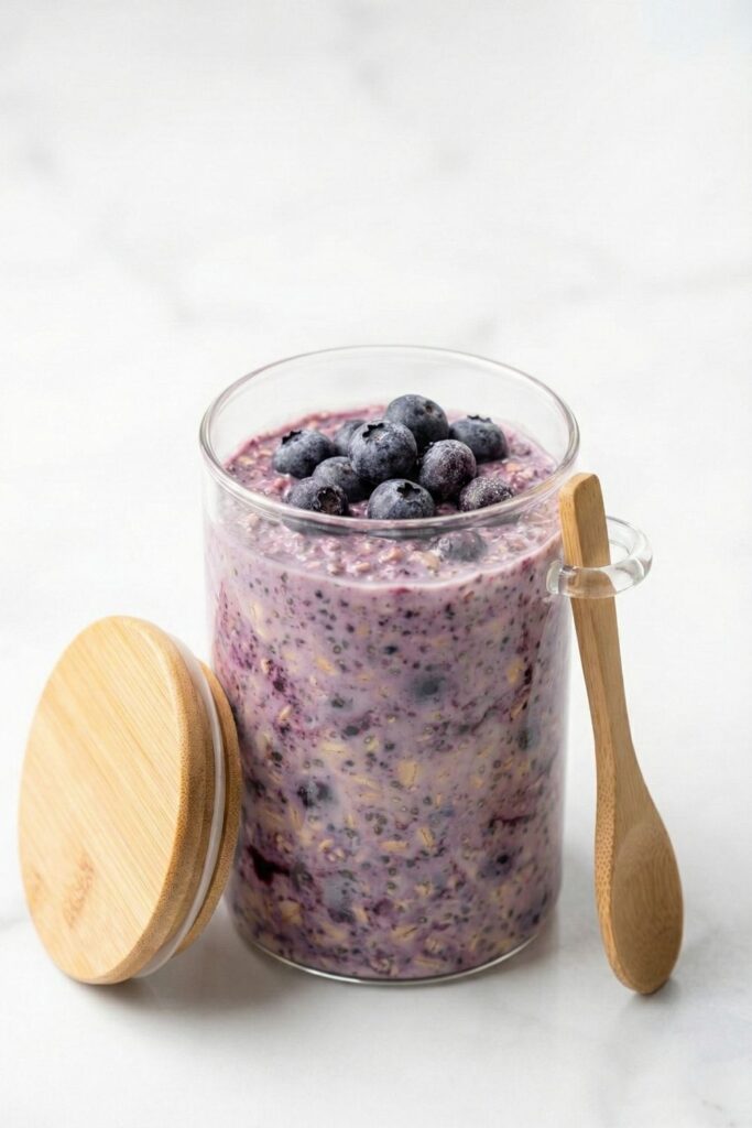 Vertical high-key shot of blueberry overnight oats with fresh garnish and white space for text overlay.
