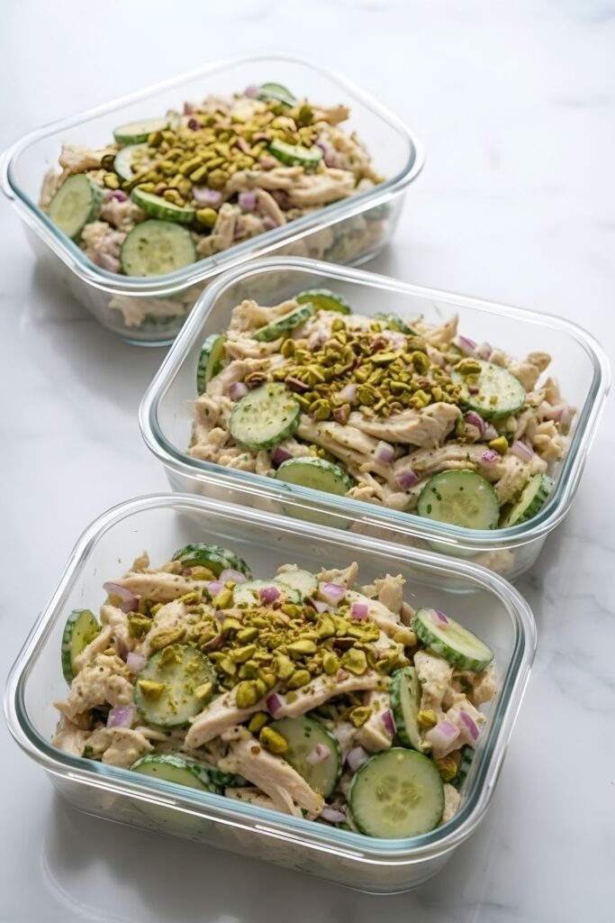 Three rectangular glass meal prep containers perfectly filled with a batch of cucumber chicken salad made from 6 cucumbers and 2 cups chicken, sprinkled with 3 to 4 tablespoons of chopped pistachios on top.