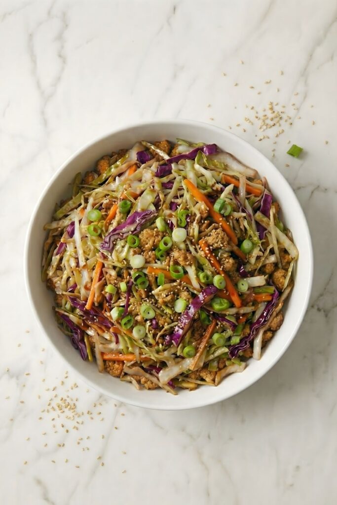 Top-down view of a white bowl filled with healthy egg roll in a bowl, garnished with sesame seeds and scallions on a white marble background.