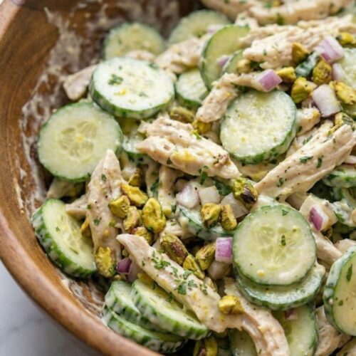 Overhead 90-degree view of a large wooden bowl filled with a high volume of creamy cucumber chicken salad, surrounded by a halved lemon, a small bowl of raw pistachios, and a sprig of fresh parsley.