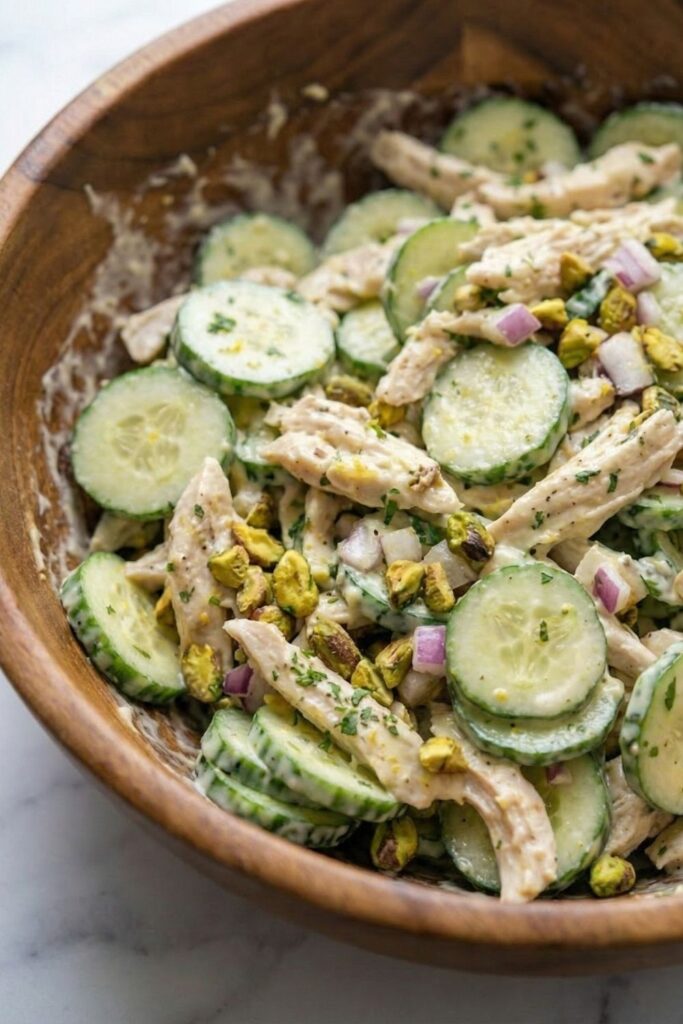 Overhead 90-degree view of a large wooden bowl filled with a high volume of creamy cucumber chicken salad, surrounded by a halved lemon, a small bowl of raw pistachios, and a sprig of fresh parsley.