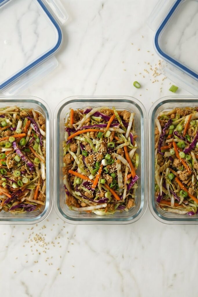 Three glass meal prep containers lined up on marble filled with ground turkey and cabbage stir fry, demonstrating a healthy weekly lunch prep.