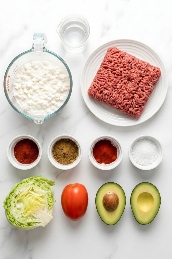 Top-down flat lay of ingredients for high protein taco dip, including raw ground beef, cottage cheese in a glass measuring cup, and spices arranged on a white marble surface.