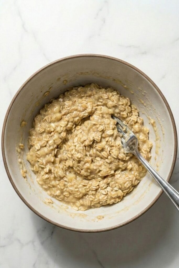 Thick, shaggy cookie dough formed by combining 1 ½ cups of old-fashioned oats and 1 ½ cups of mashed bananas, demonstrating proper starch hydration before baking.