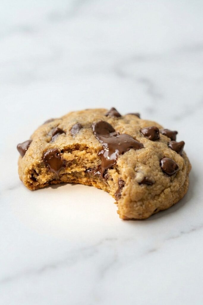 Close up of a protein cookie with a clean bite taken out, revealing the dense, fudgy texture and suspended chocolate chips.