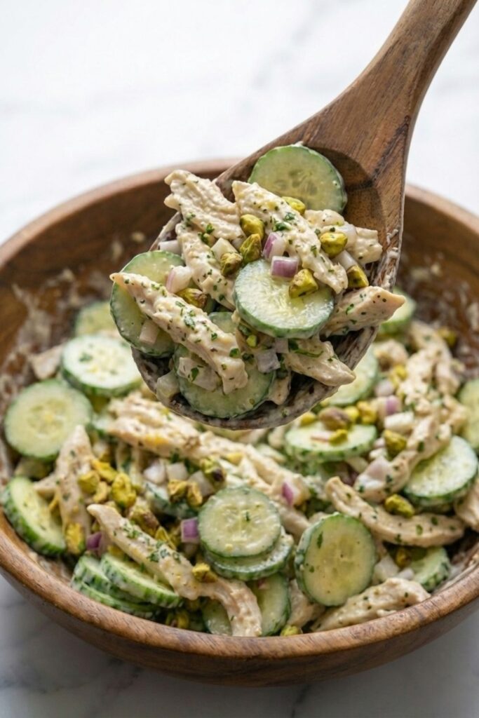 A large wooden serving spoon lifting a dense, cohesive pile of cucumber coins, chicken chunks, red onion, and parsley bound together by a thick white dressing, hovering above the main mixing bowl.