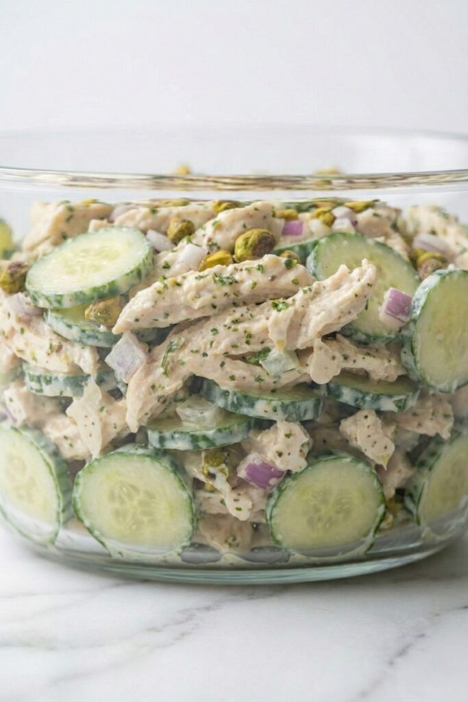 Eye-level side profile shot through a clear glass serving bowl showing fresh layers of green cucumbers, white chicken, and purple onion with zero watery pooling at the bottom of the bowl.