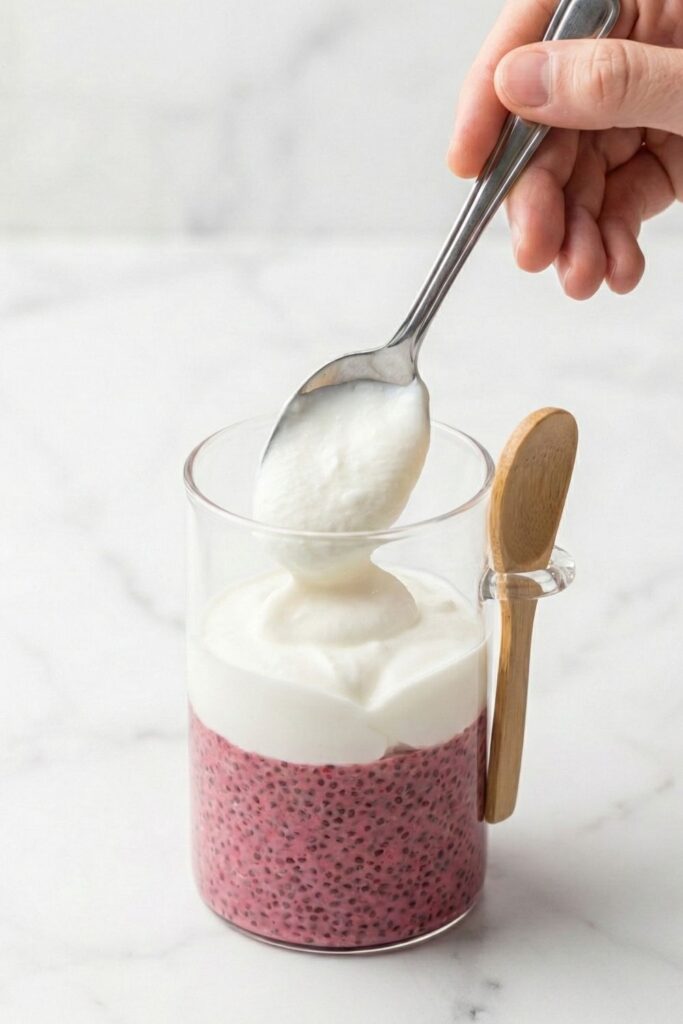 A spoon gently adding a thick layer of white yogurt on top of the pink chia pudding to create a distinct visual contrast between the layers.