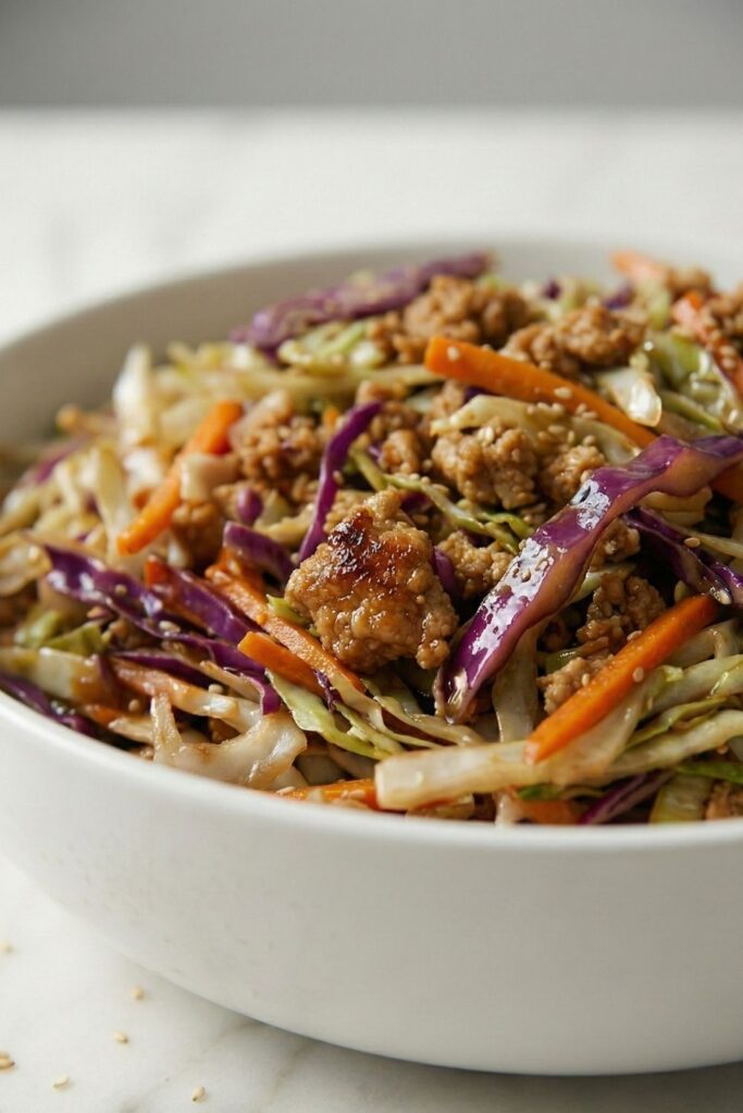 Extreme close-up of glossy turkey crumbles and tender-crisp cabbage showing moisture and sauce coating, focusing on savory texture.