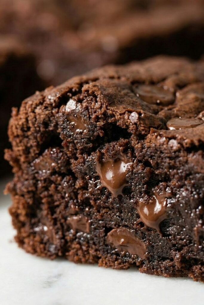 Extreme close-up of a sliced healthy brownie, highlighting the dense cocoa powder structure and shiny pockets of melted chocolate chips.