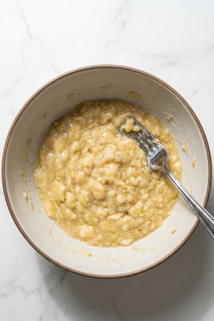 Close-up overhead view of 2 large ripe bananas mashed with a fork in a glass bowl, yielding exactly 1 ½ cups of wet puree that acts as the binder for healthy gluten-free cookies.