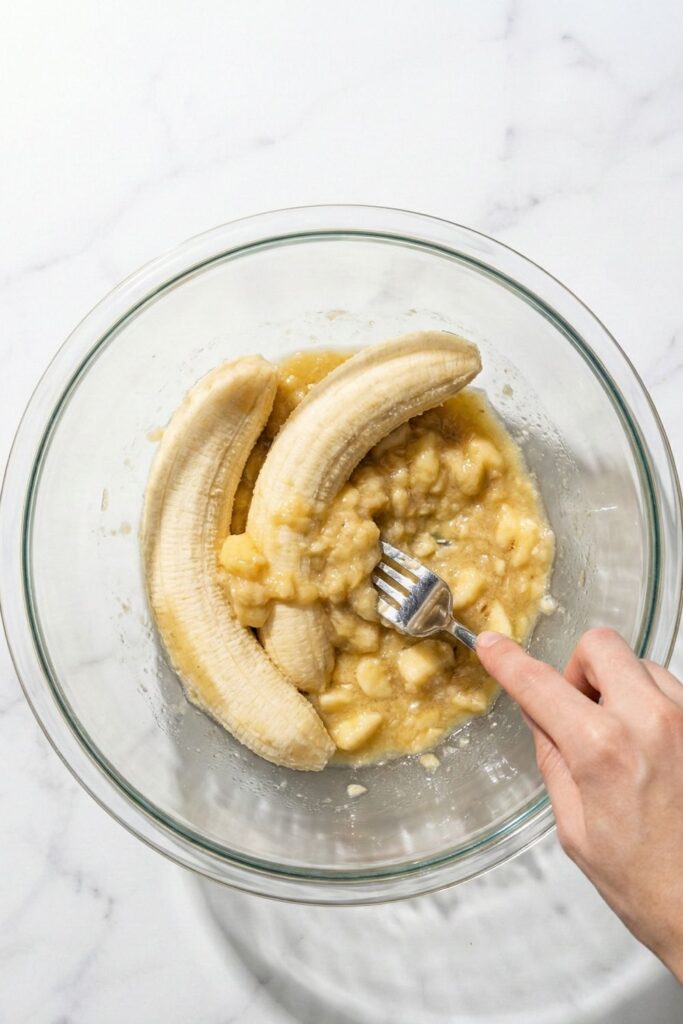 A silver fork mashing 3 ripe, brown-spotted bananas into a wet puree inside a glass mixing bowl to create the base for flourless brownies.