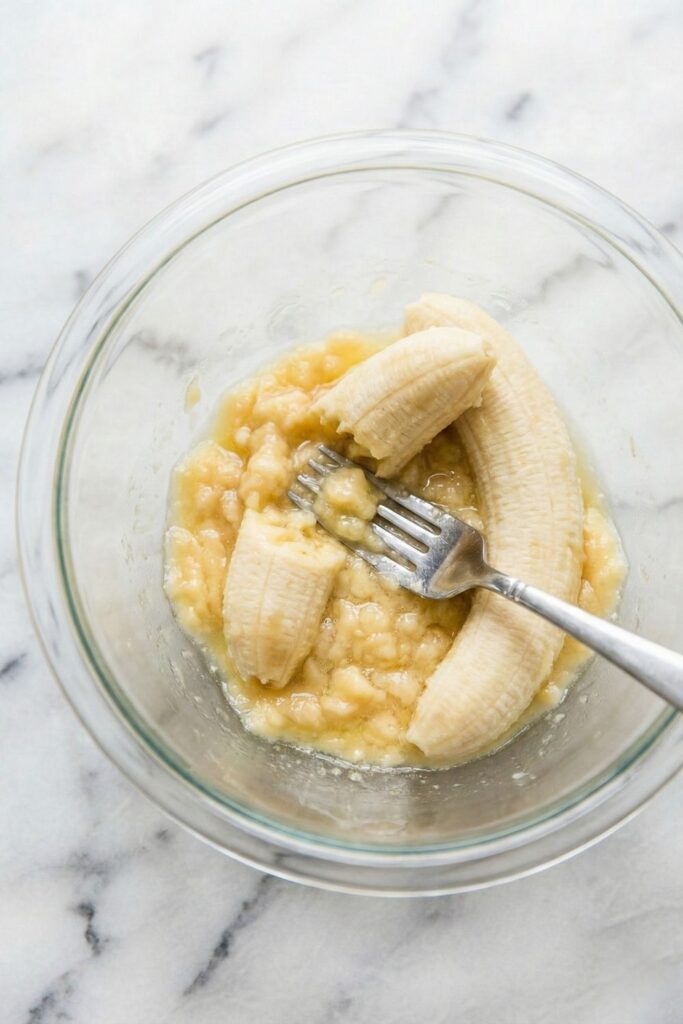 Fork mashing 2 medium ripe bananas in a glass bowl to create a natural sweetener base for gluten-free protein cookies.