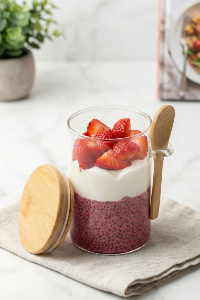 The raspberry chia pudding jar sitting on a linen napkin with the bamboo lid leaning against it, set in a bright, clean kitchen environment for a meal prep aesthetic.