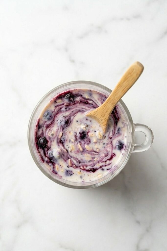 A spoon mixing the overnight oats, showing the oat milk turning purple from the frozen blueberry juice.