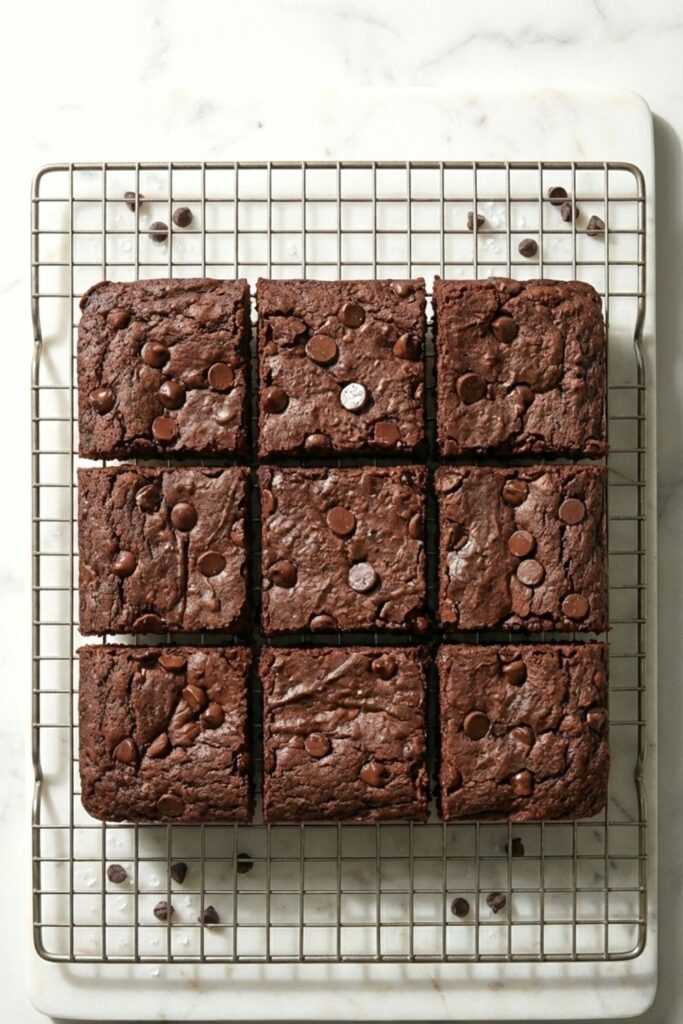 Overhead view of nine square-sliced brownies arranged on a wire rack, proving uniform portion sizes and dense texture.