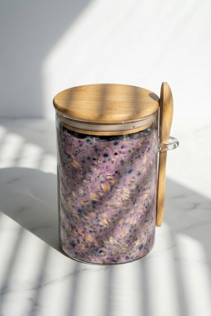Artistic 45-degree angle shot of an overnight oats jar with harsh morning sunlight shadows casting on the table.