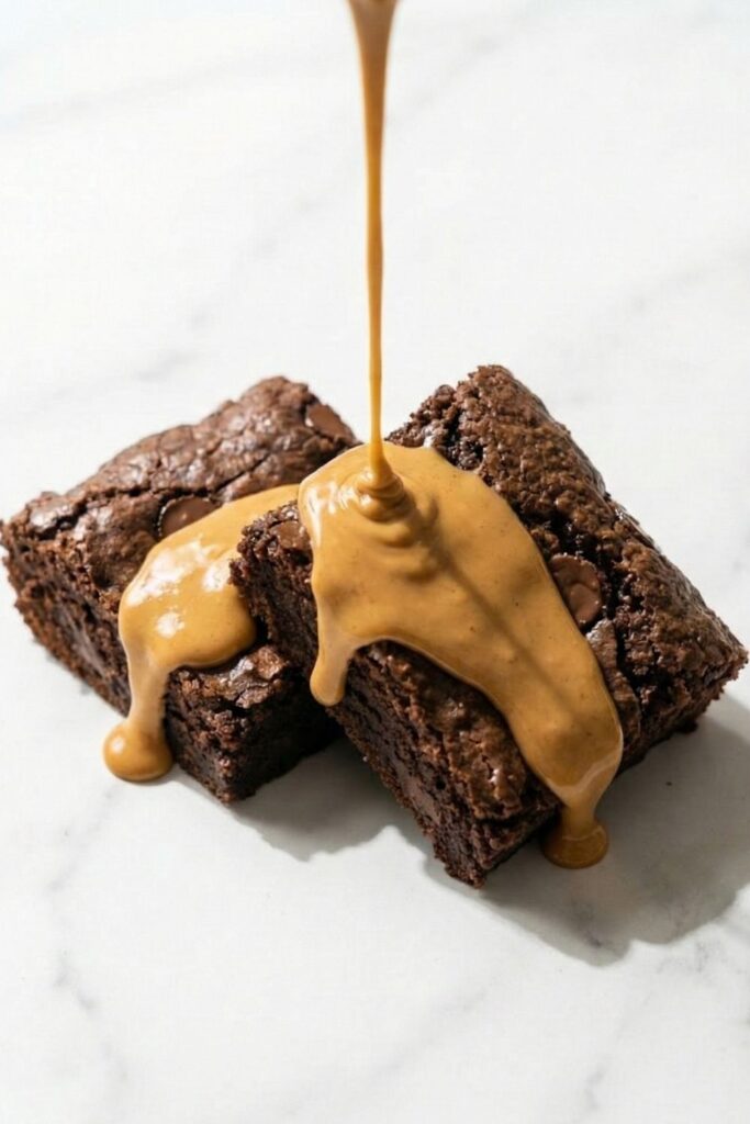 A warm, glossy drizzle of creamy peanut butter falling onto two flourless chocolate brownie squares placed side-by-side on a white marble surface.