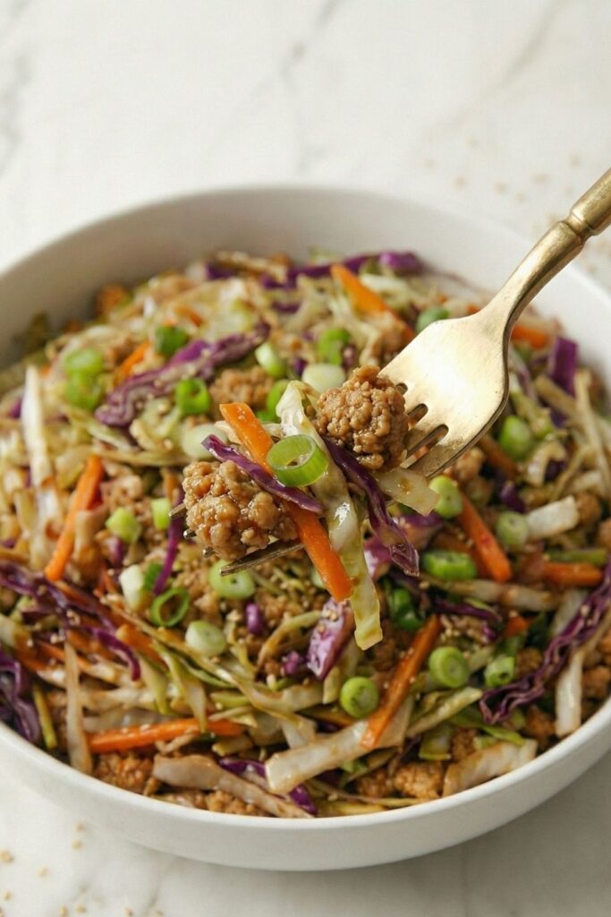 A gold fork lifting a balanced bite of ground turkey, cabbage, and carrots from a bowl, highlighting a healthy GLP-1 friendly lunch option.
